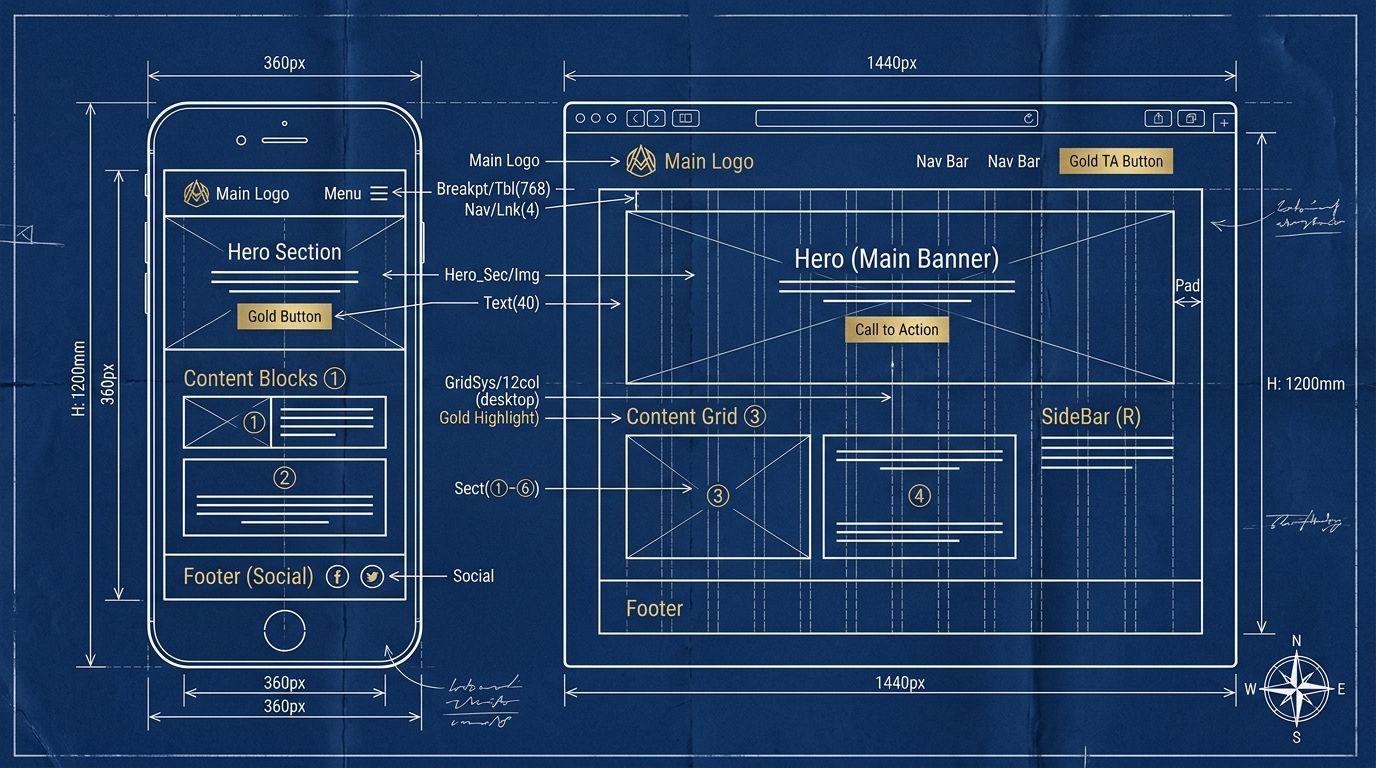 مخطط موقع: نسخة الهاتف ونسخة الحاسوب مرسومتان كمخطط هندسي، مع القياسات والترويسة والقسم الرئيسي وكتل المحتوى والتذييل.